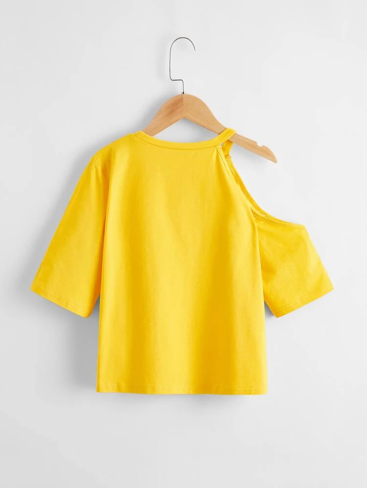 Tween Girl Cold Shoulder Appliques Detail Letter Graphic Tee