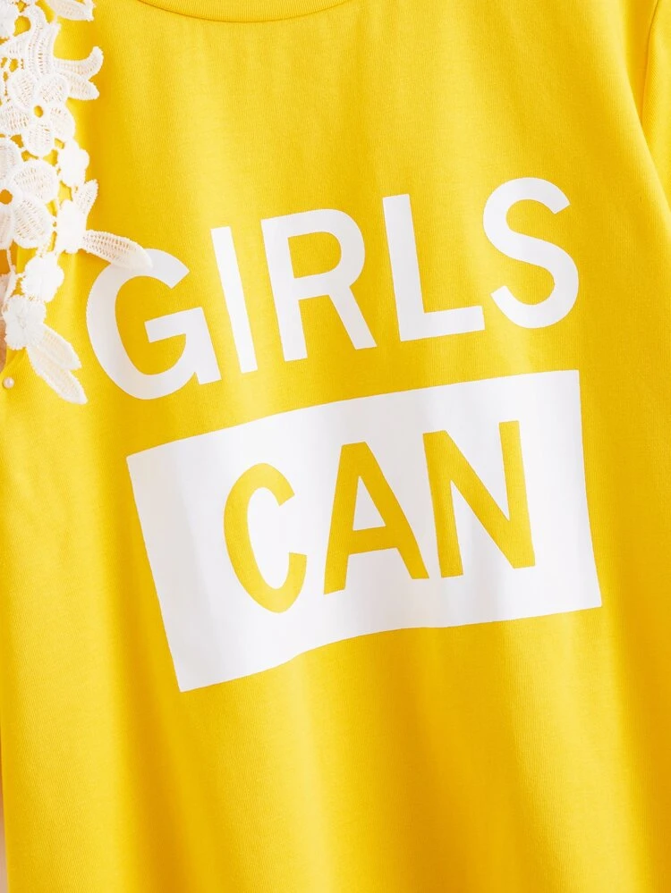 Tween Girl Cold Shoulder Appliques Detail Letter Graphic Tee