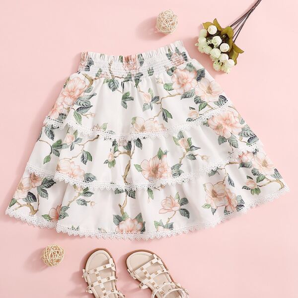 

Girls Shirred Waist Layered Hem Floral Skirt, White