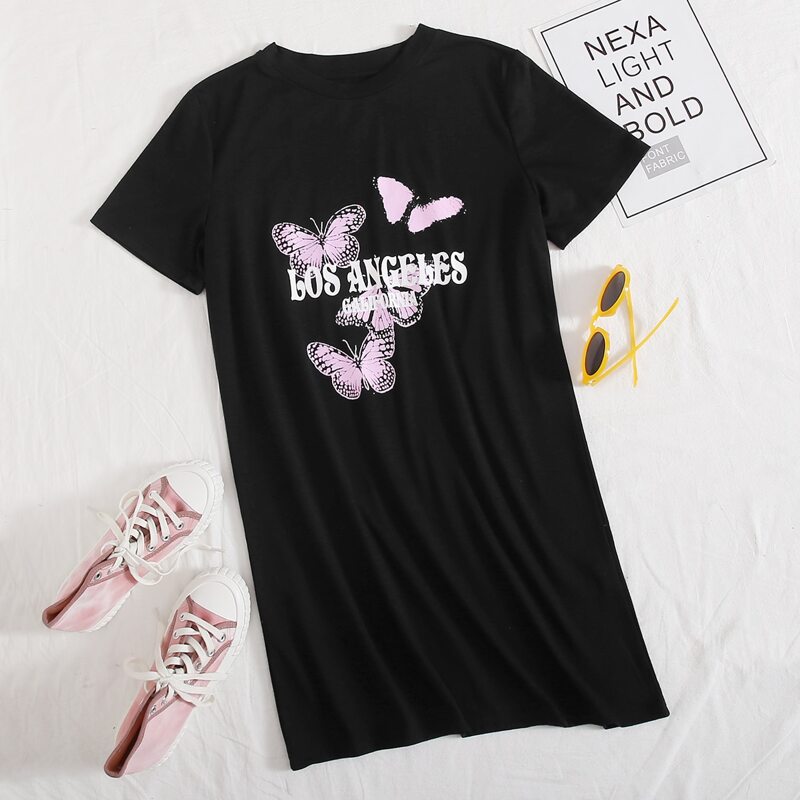 

Butterfly And Letter Graphic Tee Dress, Black