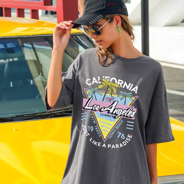 

Drop Shoulder Letter Graphic Oversized Tee, Grey