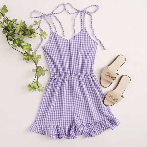 

Tie Shoulder Gingham Ruffle Hem Cami Romper, Lilac purple