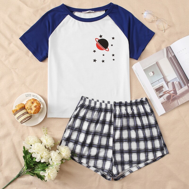 

Galaxy & Plaid Shorts PJ Set, Multicolor