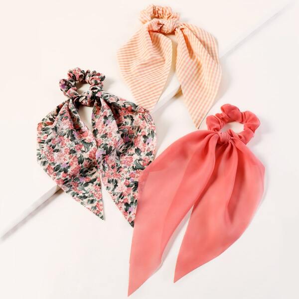 

3pcs Plaid & Floral Scrunchie Scarf, Multicolor