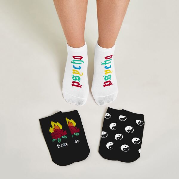 

3pairs Flower & Slogan Graphic Socks, Multicolor