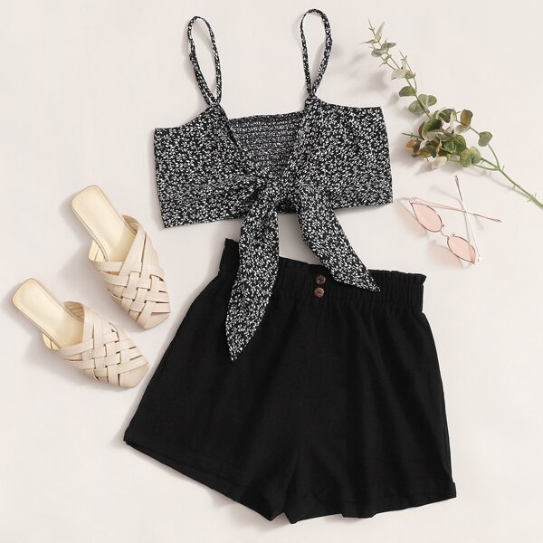 

Tie Front Shirred Ditsy Floral Cami Top & Shorts Set, Black