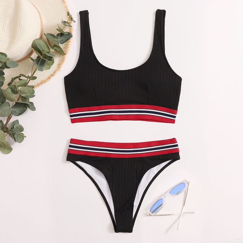 

Striped Trim Rib Bikini Swimsuit, Black