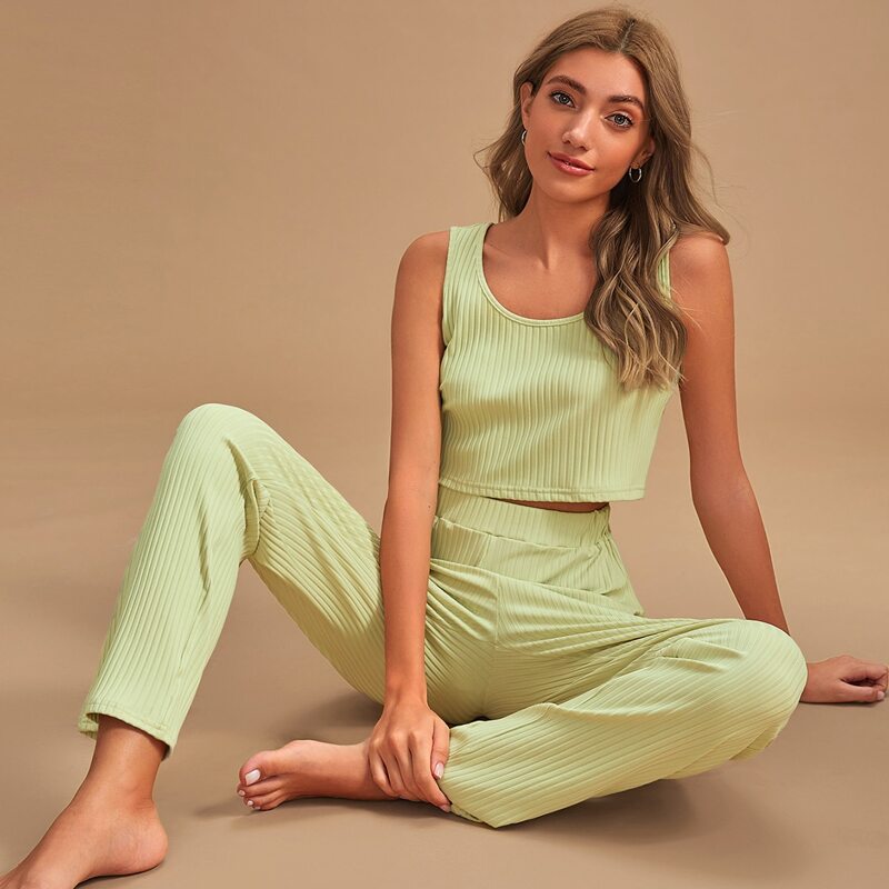 

Rib-knit Tank Top & Pants PJ Set, Green