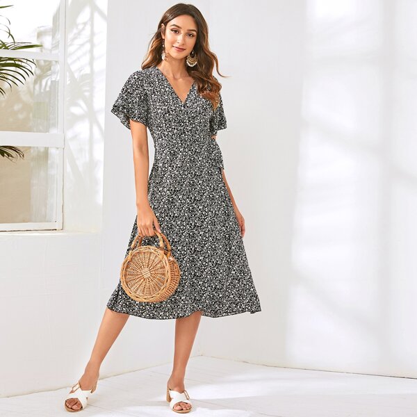 

Ditsy Floral Print Wrap Knotted Dress, Black