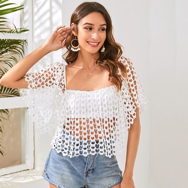 

Square Neck Hollow Out Guipure Lace Top, White