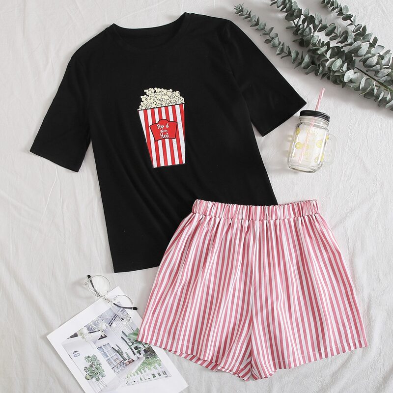 

Popcorn & Striped Shorts PJ Set, Multicolor