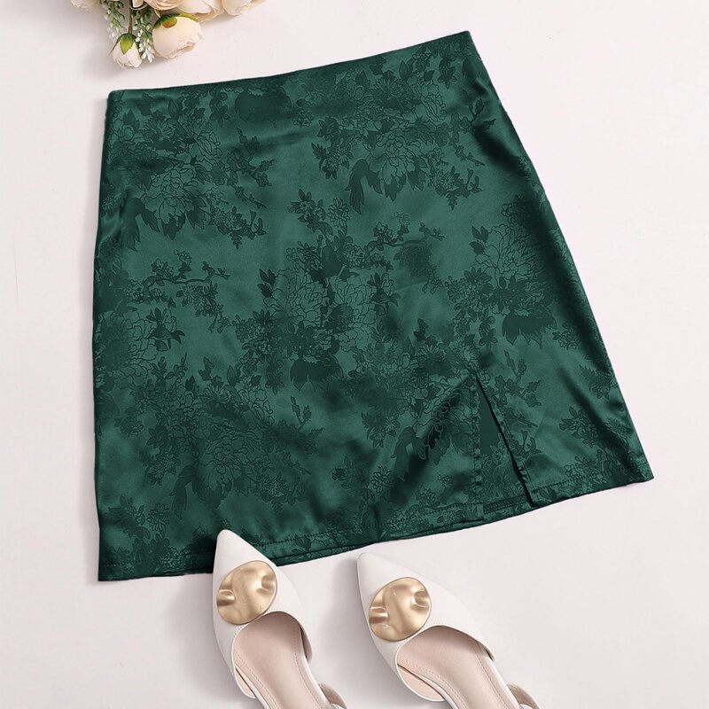 

Satin Jacquard Split Hem Skirt, Dark green