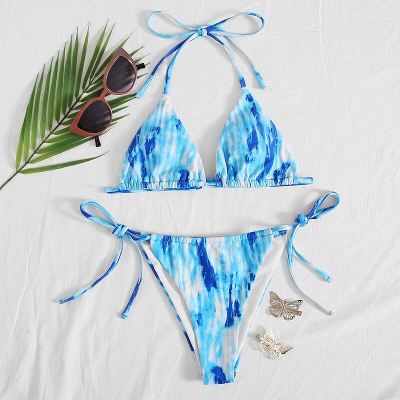 

Tie Dye Triangle Tie Side Bikini Swimsuit, Baby blue