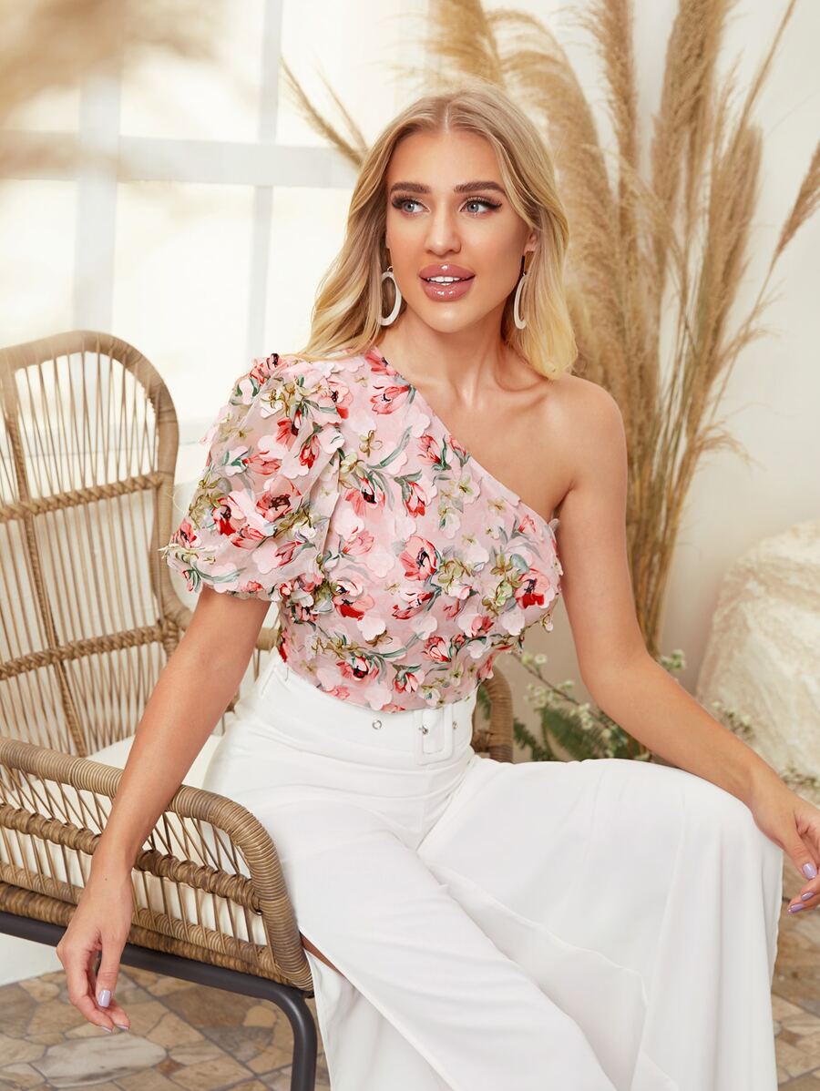 SHEIN VCAY One Shoulder 3D Applique Floral Top - Baby Pink - View 1