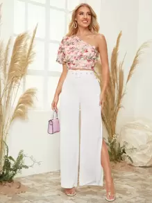 SHEIN VCAY One Shoulder 3D Applique Floral Top - Baby Pink - View 3