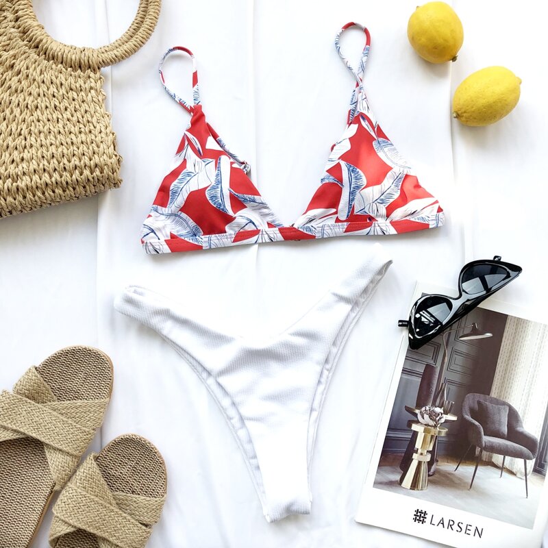 

Leaf Print Triangle High Leg Bikini Swimsuit, Multicolor