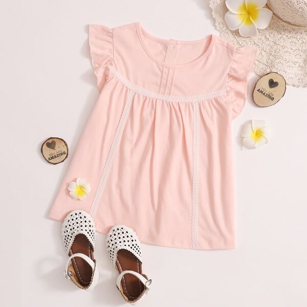 

Toddler Girls Contrast Lace Ruffle Cuff Tee, Baby pink