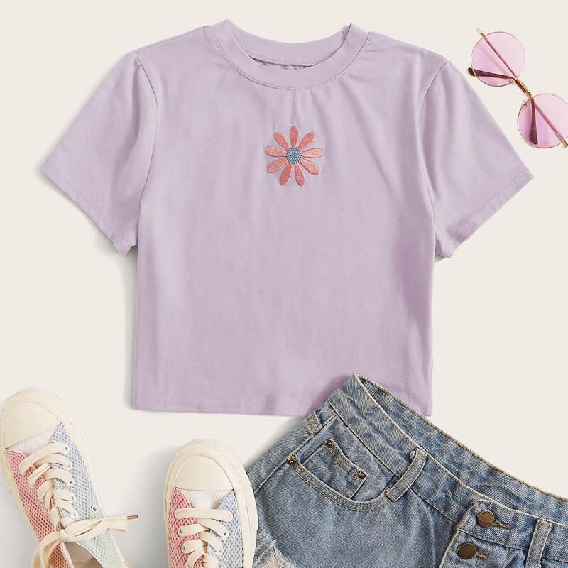 

Flower Embroidery Tee, Purple