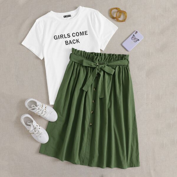 

Plus Slogan Graphic Top & Paperbag Waist Belted Skirt Set, Multicolor
