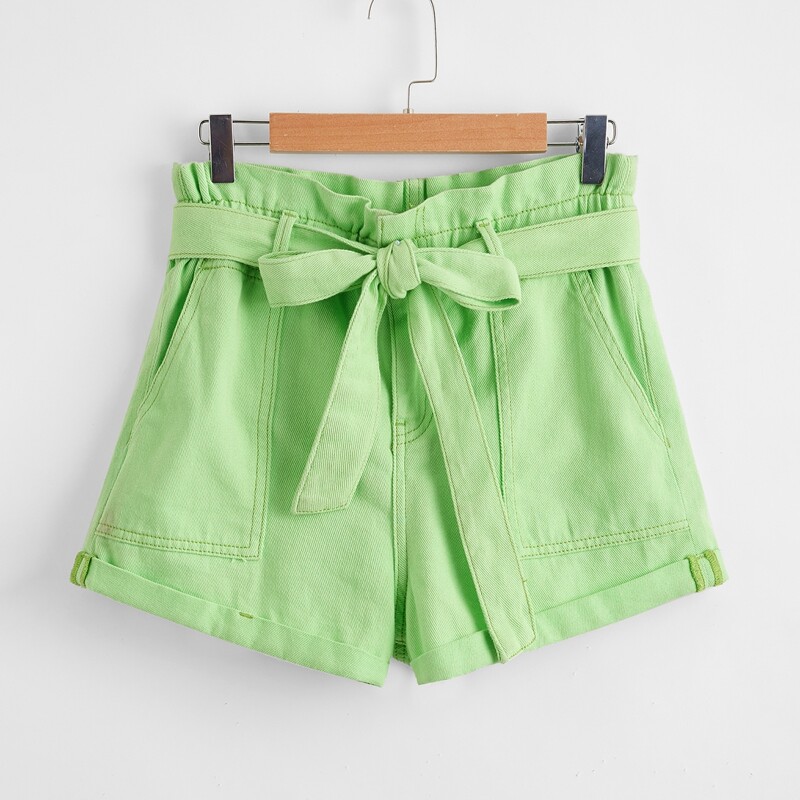 

Paperbag Waist Belted Roll Up Hem Denim Shorts, Lime green