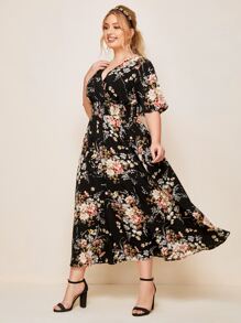 Lacomfia Plus Surplice Neck Shirred Waist Floral Dress
