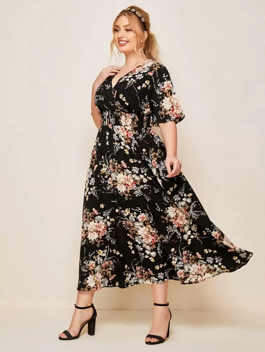 Lacomfia Plus Surplice Neck Shirred Waist Floral Dress