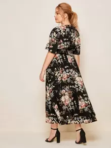 Lacomfia Plus Surplice Neck Shirred Waist Floral Dress