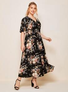 Lacomfia Plus Surplice Neck Shirred Waist Floral Dress