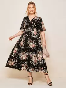 Lacomfia Plus Surplice Neck Shirred Waist Floral Dress
