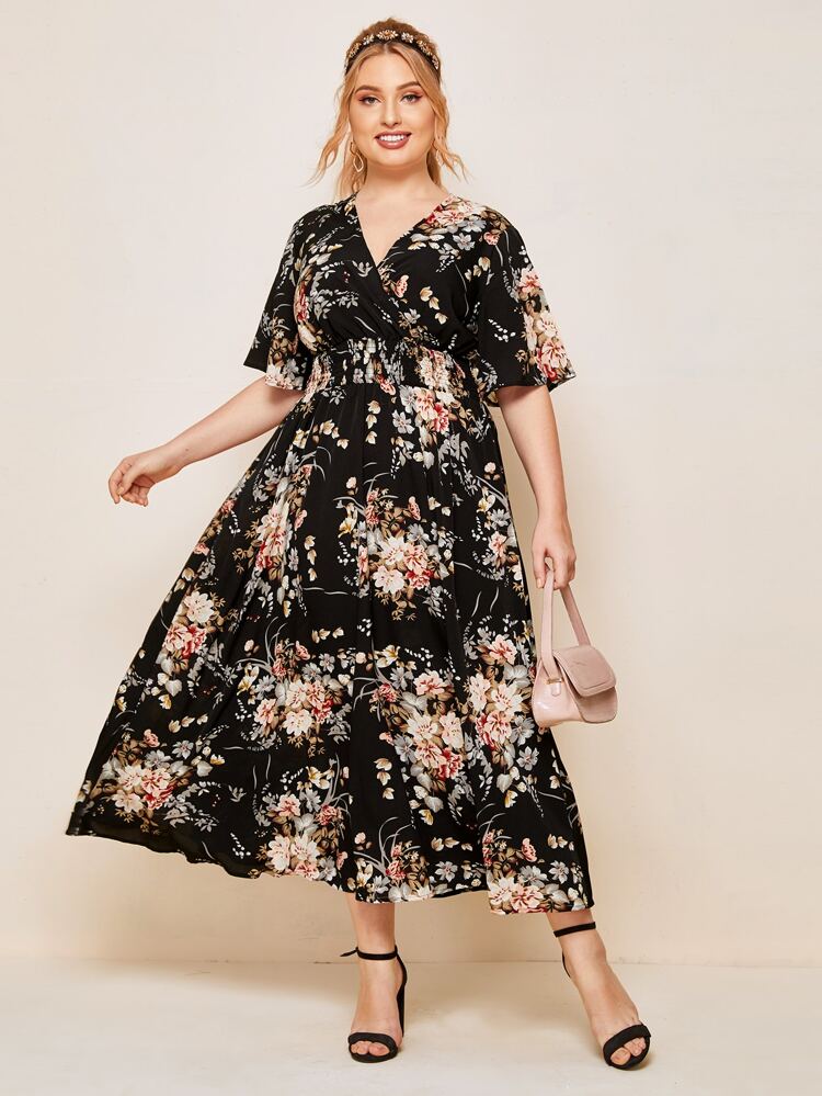 Plus Surplice Neck Shirred Waist Floral Dress
