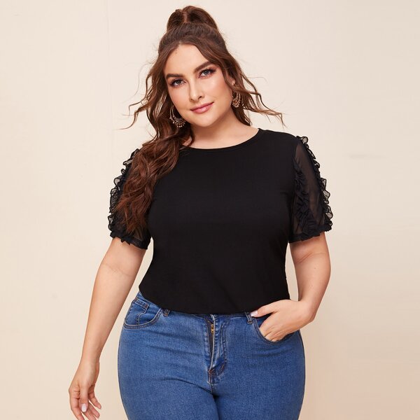 

Plus Frill Trim Mesh Sleeve Solid Top, Black
