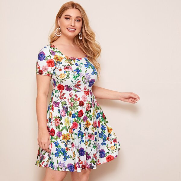 

Plus Floral Print Square Neck Fit and Flare Dress, Multicolor