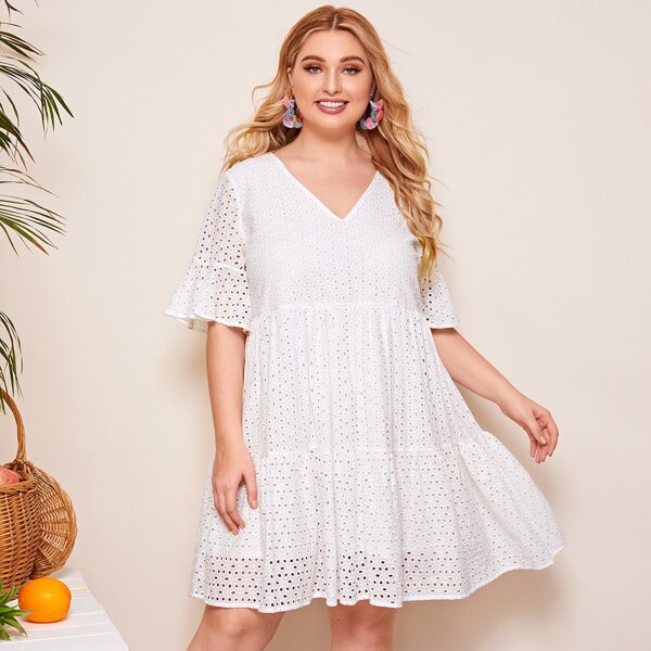 

Plus Ruffle Cuff and Hem Schiffy Smock Dress, White