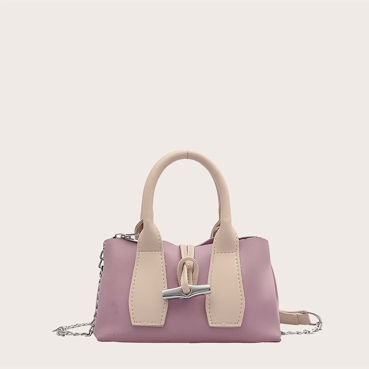 

Colorblock Chain Satchel Bag, Purple