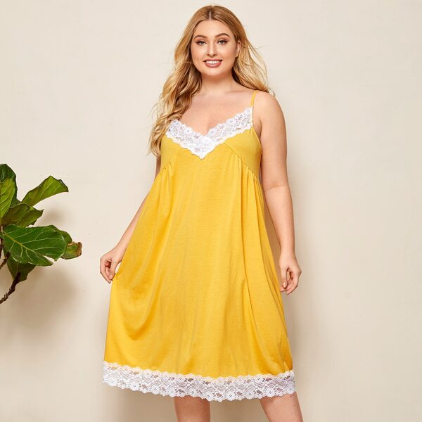 

Plus Lace Trim Cutout Back Slip Nightdress, Yellow