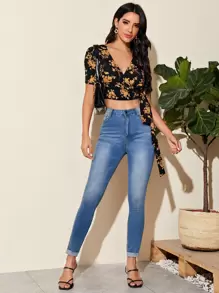 SHEIN Floral Print Puff Sleeve Tie Side Wrap Top - Black - View 4