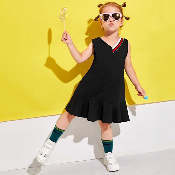 

Toddler Girls Striped Ruffle Hem Smock Dress, Black