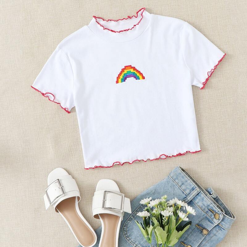 

Rainbow Embroiery Lettuce Trim Tee, White