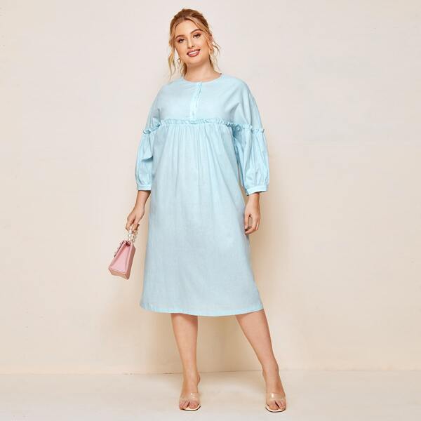 

Plus Button Half Placket Frill Trim Lantern Sleeve Smock Dress, Mint blue