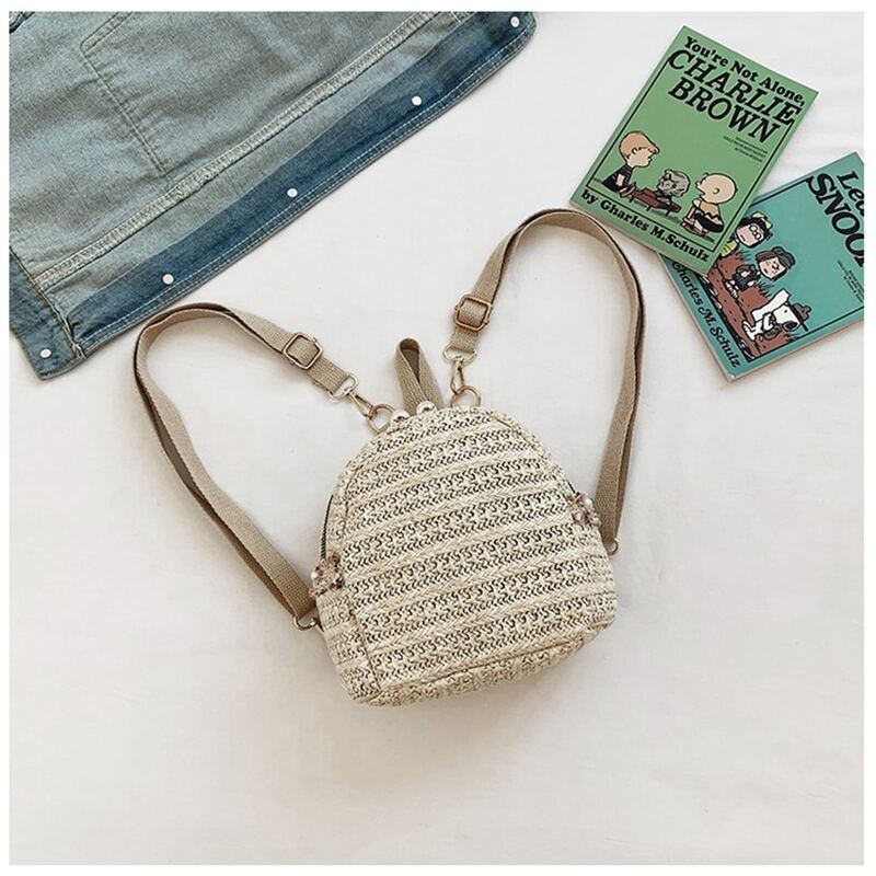 

Faux Pearl Straw Backpack, Beige