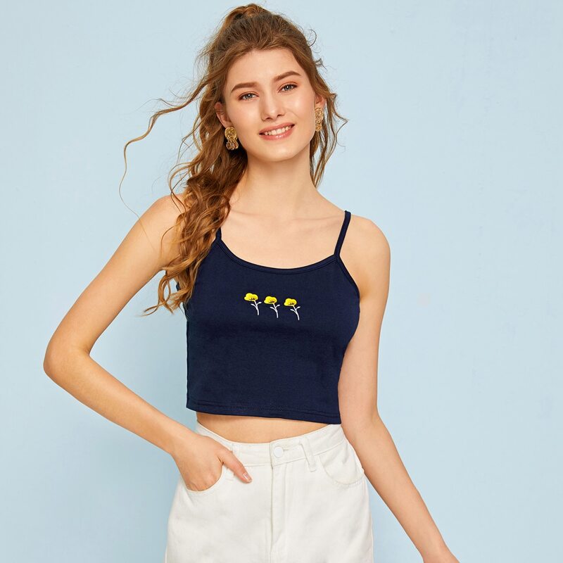 

Flower Embroidery Cami, Navy blue