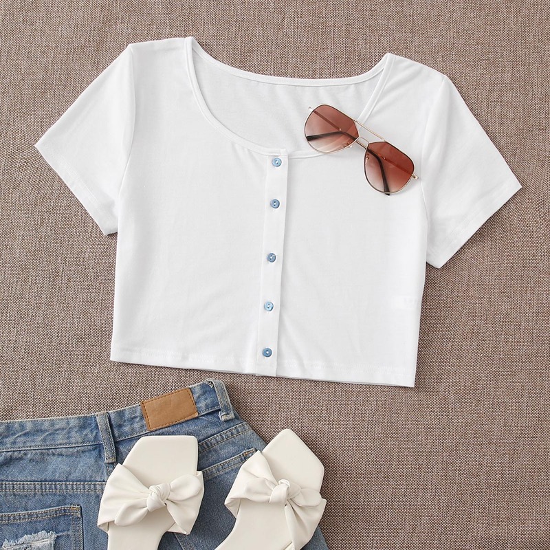 

Button Front Crop Tee, White