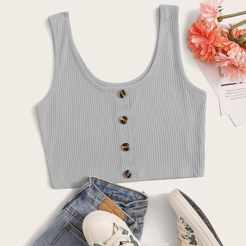 

Button Front Crop Tank Top, Grey
