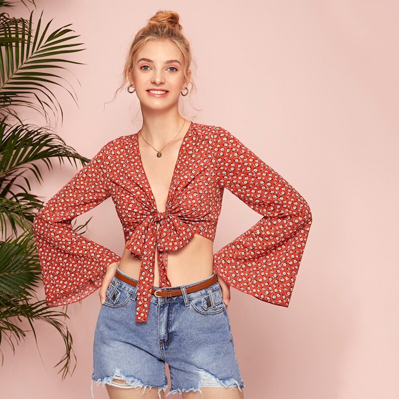 

Ditsy Floral Tie Front Top, Red
