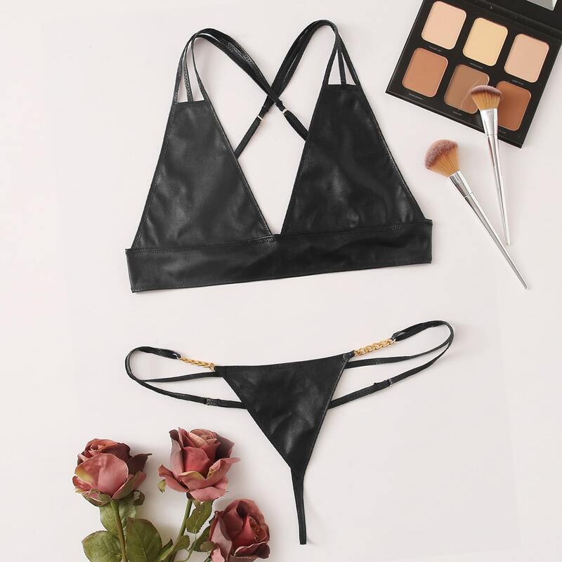

Chain Faux Leather Lingerie Set, Black