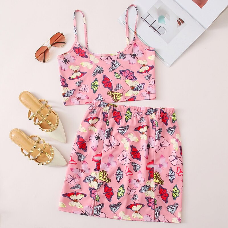 

Butterfly Print Cami & Skirt, Pink