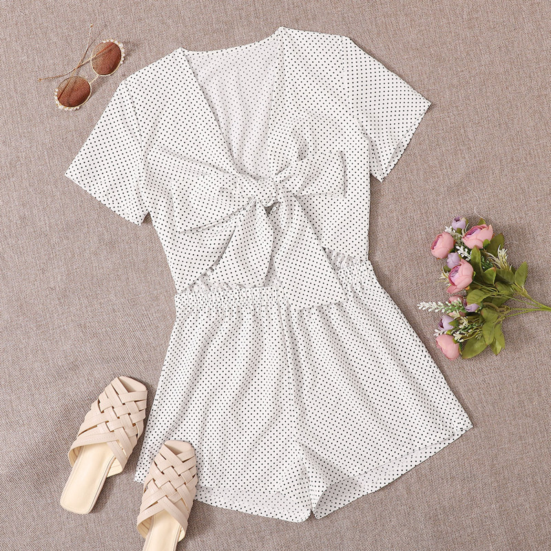 

Polka Dot Tie Front Romper, Black and white