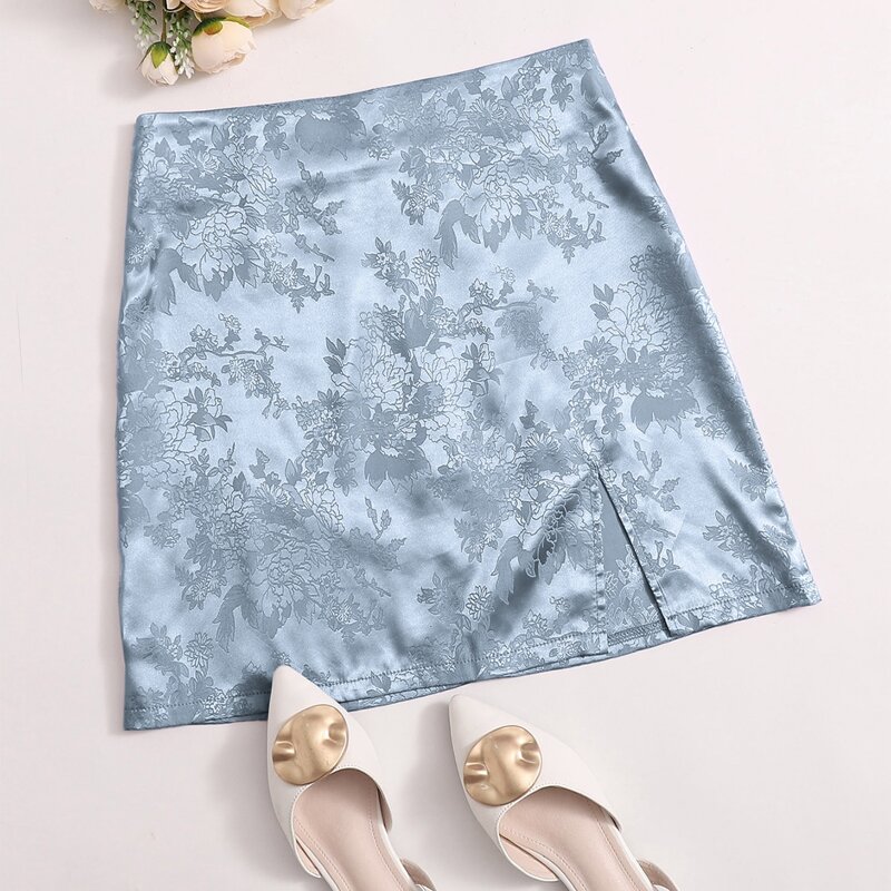 

Satin Jacquard Split Hem Skirt, Blue