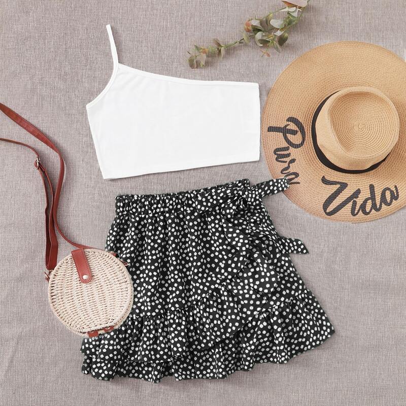 

One Shoulder Crop Top & Ditsy Floral Skirt, Black and white