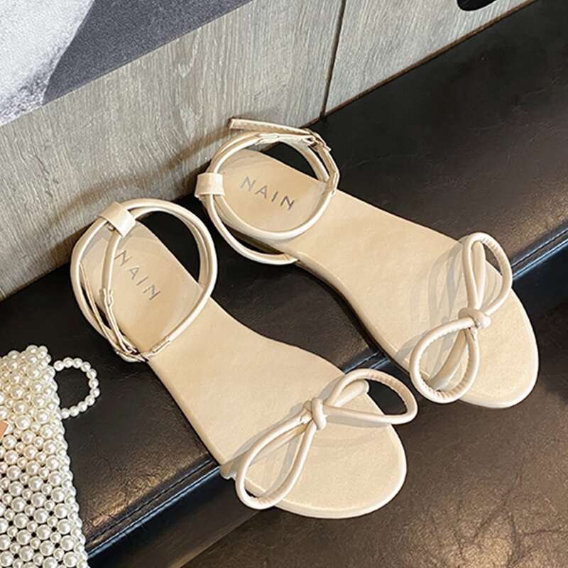 

Bow Tie Flat Sandals, Beige